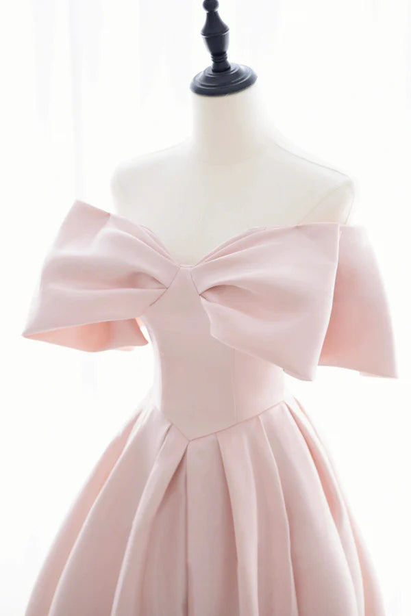Wholesale Pink Satin Long Prom Dress Cute Off Shoulder Evening Dress